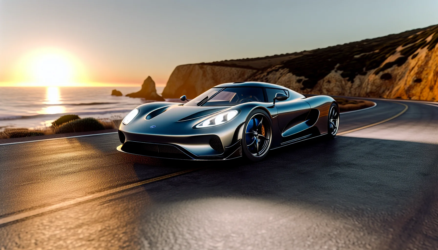 A stunning Porsche 911 parked on a coastal road at sunset, highlighting its sleek design against a dramatic ocean backdrop.